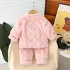 Clothing Sets 2023 Autumn Winter Children's and Girls 2PCS Pajama Set with Bear Pocket Thick Home Coat Warm Wool Pants Baby Girl Set 231215