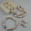 Halskette-Ohrringe-Set, handgeknüpft, 8–9 mm, weiß, rosa, lila, fast rundes Süßwasserperlen-Armband, Modeschmuck