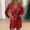 Urban Sexy Dresses Silver Sequins Party Dress Women Sexig Glitter Tyg V Neck Långärmad klänningar Slim Elegant Ladies Night Club Dress Vestidos 231215