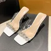 Sandały modne krystalicznie cekinowe bownot kobiety kapcie dziwny styl przezroczyste obcasy otwarte palenczki przezroczyste buty