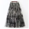 Skirts BabYong Aesthetic Print Fluffy Tutu Tulle Long For Women 2023 Patchwork Tiered A Line High Waist Pleated Maxi Skirt Female