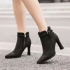 Botas sapatos curtos para mulher camurça tornozelo feminino muito saltos altos botas apontadas dedo do pé calçado de salto preto em oferta 231214