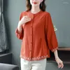 Blouses Femmes 2024 Femmes Printemps Et Été Manches Trois-Quarts Lâche Minceur Coton Lin Chemise Haute Mode