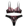 Women Unlined Lingerie Set See Through Bra Thongs Sets Heart Embroidery Ladies Sexy Underwear