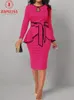İki parçalı elbise düz renk 2 Set Office Lady Düzensiz Tasarım Kemer Dekorunda Uzun Kollu İnce Tophigh Bel Kalça Etekleri 231214