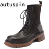 Bottes Autuspin 2023 femmes courtes en cuir véritable bout rond lacets chaussures décontractées en plein air automne mode bottine talons épais 231214