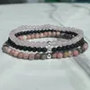 Link Armbanden MG2023 4 MM Zwarte Ader Rhodoniet Toermalijn Rozenkwarts Armband Set Dames Mini Edelsteen Pols Mala Sieraden