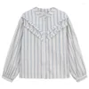 Blusas femininas listradas japonesas camisas de impressão feminina gola retalhos blusa dupla doce elegante all-match verão feminino topo