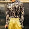 Herrpolos toppar 2023 koreansk stil stilig herr mode hög hals mocka t-shirts casual leopard tryckt långärmad camiseta s-5xl q231215