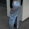 Saias skorts pu denim saia mulheres 2023 outono moda fenda cintura alta retro maxi femme rua casual solto longo mulher 231215