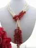 Chaînes nouées à la main naturel 3 brins 5-7mm blanc perle d'eau douce collier de corail rouge long 127 cm