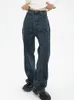 Kvinnor Jeans Dark Blue Womens Jeans Hög midja Retro Straight Pocket Denim Pants Street Clothing American Fashion Wide Leg Denim Trouser 231214