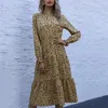 Robes décontractées robe de taille élastique imprimé léopard a-ligne midi avec col rond taille haute pour l'automne printemps mode féminine