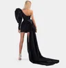 Svart kort prom festklänning 2024 One Shoulder Beading Puff Sleeves Satin Bow Pageant Evening Graduation Gown Robe de Soiree