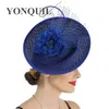 Azul real moda cabelo fascinator senhoras grande chapéu malha flor casamento headwear fantasia véus deco acessórios bandana