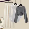 Pantalon de deux pièces pour femmes 2023 Costume d'automne et d'hiver Pull en tricot coréen Mode Chemise mince Casual Jambe large Trois ensemble 231214