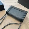 Vintage Flower Embossment Pattern Women Designer Boy Bag Aged Black Silver Hardware Metal Chain Adjustable Strap 25x16cm Medium Purse Cross Body Shoulder Handbag