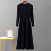 Casual Dresses Long Sleeve Party Midi Dress For Women Knitted O Neck Elegant Sweater Ladies Slim Waist A-line