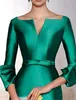 2024 gaine courte vert Robe De bal col en V manches 3/4 Satin avec ceinture genou longueur robes De soirée Robe De soirée