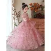 Girl Dresses Elegant Sequin Lace Puffy Flower Short Sleeve Princess Dress Tulle Beading Cute Kids Baptism Pageant Vestidos