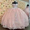 분홍색 반짝이는 공주 Quinceanera 드레스 볼 가운 어깨 얇은징 아플리케 비즈 스위트 16 드레스 15 아노스 멕시코