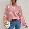 Autumn and Winter New Plant Flower Pattern Loose Pullover Knitted Crew-neck Sweater