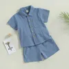 Clothing Sets Boys Girls Clothing Sets Summer Solid Cotton Linen T-shirts+Elasctic Shorts Kids Clothes Casual Clothing Sets for Children R231215