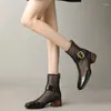 Sandalias Zapatos con hebilla de punta cerrada Botas de verano para mujer Cuero de vaca Malla Gladiador Med Tacón Estilo romano Transpirable diario