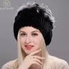 Beanieskull Caps Russia Winter Real Fur Beanies Hat Women 100％本物のRex Rabbit Hat Good Elastic Knitt