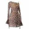 Stage Wear Leopard Loose Latin Dance Dress Women Slant Shoulder Long Sleeves Practice Clothes Sexy Rumba Salsa Tango DNV17564