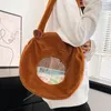 Kvällspåsar damer plysch ita väska söt tecknad stor liten klar fönster trend singel axel kawaii brun tot crossbody women påse