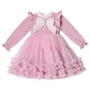 Girl s Dresses Children s Princess Dress Pompadour Mesh 3 12 Year Old Children Autumn Winter Long Sleeve Bow Solid Color 231215