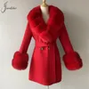 Women's Wool Blends Jxwatcher Style Cashmere Coats Real Fox Fur Collar Ladies Mid-Längd Wool Jacket Winter Elegant Belt Design Ytterkläder 231214