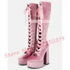 Boots Satin Ribbon Platform Long Boot Pink High Block Heels Front Cutouts Suede Shoes Ladies Sweet Party Laceup Knee 231214