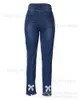 Kvinnors jeans pärlstav slits bowknot dekor jeans hösten 2023 kvinnor pärla båge casual lös skarv mantel långa byxor smala fit denim blyertsbyxor t231215