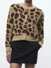 Women's Fur 2024 Spring Autumn Women Faux Animal Jacquard Knit Cardigan Leopard Print Round Neck Long Sleeved Sweater Knitted Coat