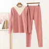 Women's Two Piece Pants Contrast Color Patchwork High Collar Long Johns For Female Fleece Keep Warm Thermal Underwear 2 Piece/Set Clothing