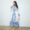 Designer Floral Paisley Print Vintage Shirt Dress with Belt Long Sleeve Lapel Button Women Party Semester Maxi Dresses Spring Fall Slim A-Line Runway Frocks