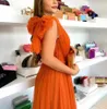 2024 Elegant Orange Evening Party Dress One Shoulder Net with Bow A Line Prom Birthday Gown Celebrity Dresses New Arrival Robe De Soiree