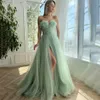 2024 Elegant Mint Green Evening Party Dress Strapless 3D Flowers Belt Side Split A Line Tulle Prom Birthday Gown Robe de Soiree