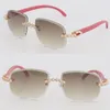 Selling Designer Moissanite Diamond Set Rimless Sunglasses Womans Red Wood Men glasses Oval shape face Carved lens Big Stones Vint3234