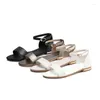 Sandales en cuir pour femmes, chaussures d'été plates, noires, blanches, beiges, dorées, sexy, pour dames, 2023