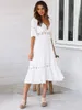 Women's Swimwear 2023 White Tunic Beach Long Dress Woman Bikini Cover Up Boho Sexy Hollow Lace V-Neck Maxi Dresses Summer Bathing Suit