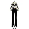 Womens Two Piece Pants Spring and Autumn Retro Striped Polo Knitted Top Casual Sweater Pulling Flash Set Ultra Thin Black Mens Dress 231216