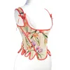 Women Tulip Printed Victorian Vintage Back Lace-up Overbust Corset Top Fashion Plastic Bones Bustier Shapewear