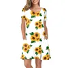 Lässige Kleider für Damen, Sommer, kurzärmelig, Sonnenblumen-bedruckte Taschen, Sommerkleid, Swing-Kleid