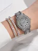Другие часы, комплект из 3 предметов, серебряные роскошные женские кварцевые браслеты с кристаллами, наручные часы, женское платье, часы Relogio 231216