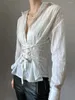 Blusas de mujer Camisa blanca con cintura para arriba Botón de manga larga Lunares suizos Top elegante para uso diario en otoño