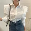 Blouses Femme Casual Lâche Manches Longues Femmes Blouse Solide Chic Panneau Volants Vintage Chemises Blanches Tempérament Coréen Fermeture À Pression Hauts