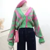 Chandails pour femmes Femmes Color Block Green Crop Cardigan High Street Manches longues Top en tricot Automne Hiver en mode coréenne Dongdaemun 231216